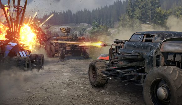 Free shooting games: Crossout. A screenshot shows an armoured car with projectiles fires at and blows up another vehicle
