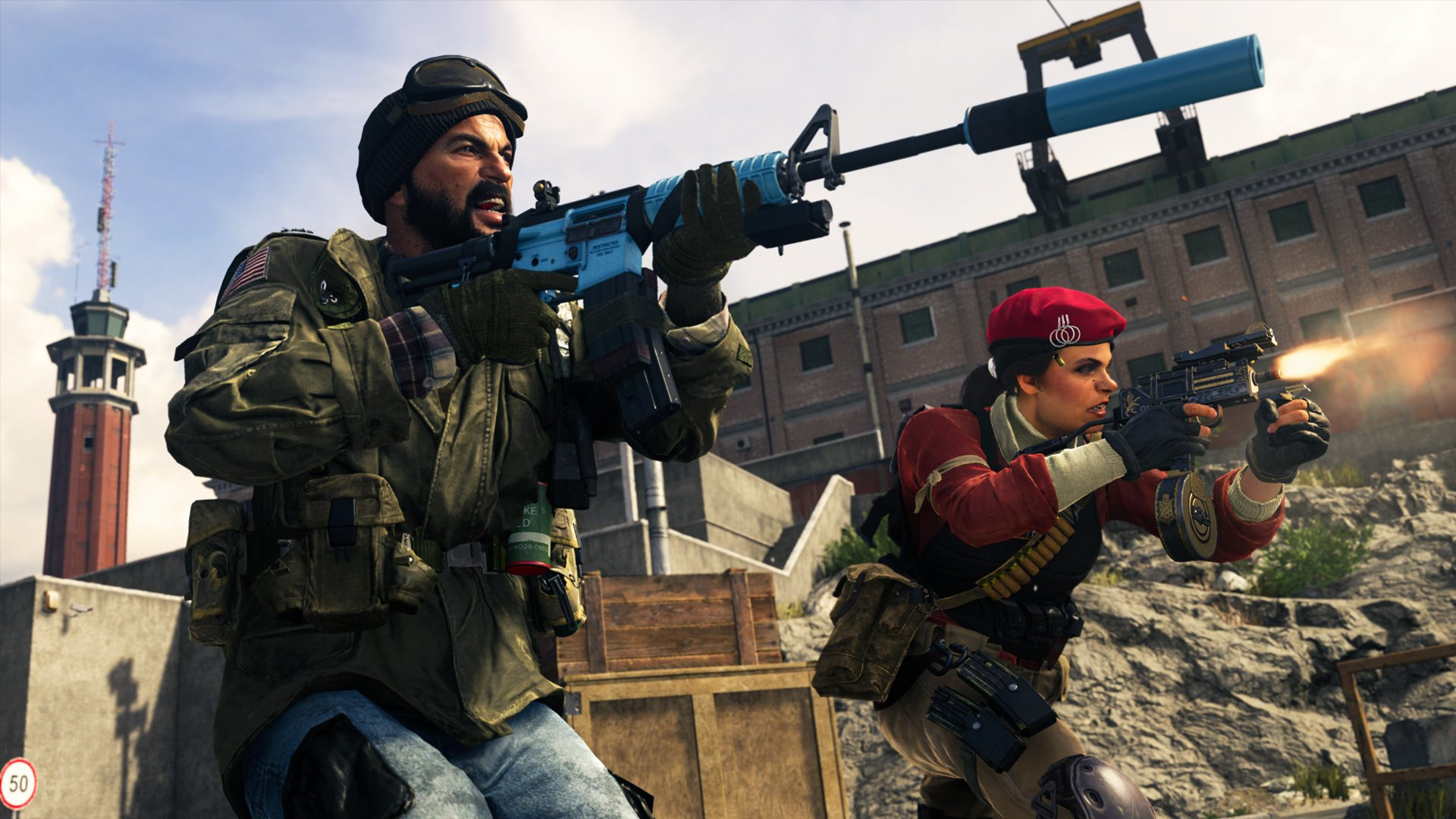 Free shooting games: Call of Duty: Warzone. A screenshot shows two Warzone operators fighting side by side on Rebirth Island.