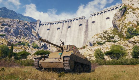 Free shooting games: World of Tanks. A screenshot shows a tank sits on a hill with a Dam wall behind it