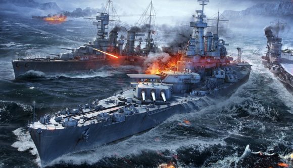 Free shooting games: World of Warships. A screenshot shows three ships, all with flames coming out of the deck, battle in the high seas