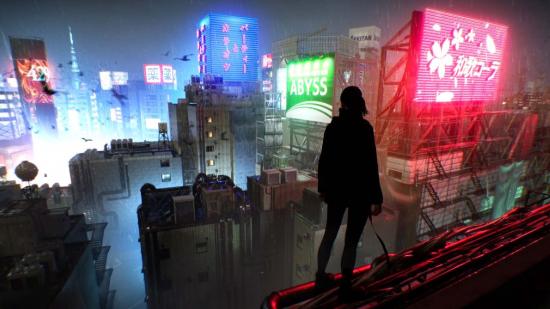 A figure stands on a rooftop, overlooking the buildings in Tokyo.