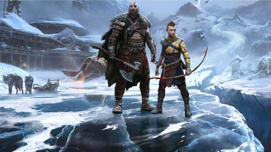 God of War Ragnarok: Kratos and Atreus stand next to one another in the key art for the game.