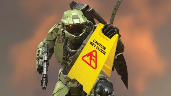 A photshopped image of Halo's Master Chief holding a wet floor sign