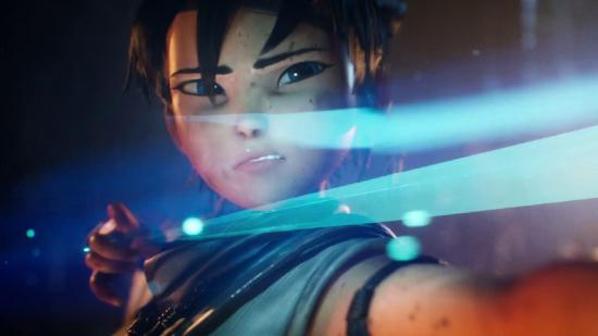 Kena can be seen aiming her bow, with the camera close to her chest, looking at her face.