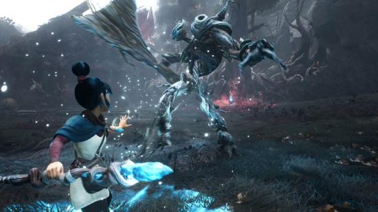 Kena can be seen parrying an enemy in combat, holding her staff with her hand out in front of her.