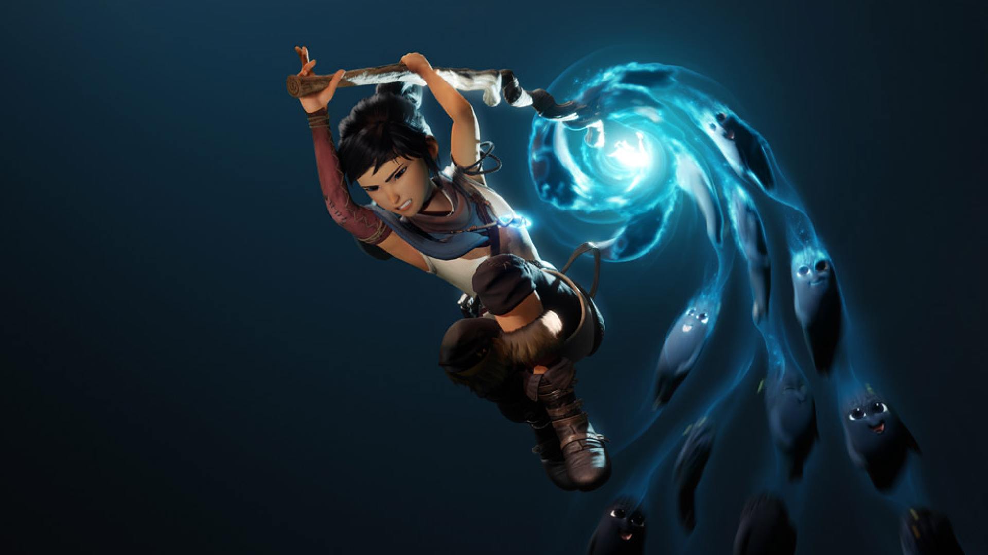 Kena Bridge of Spirits best upgrades: Kena can be seen in a piece of art for the game, using her Rot Hammer ability.