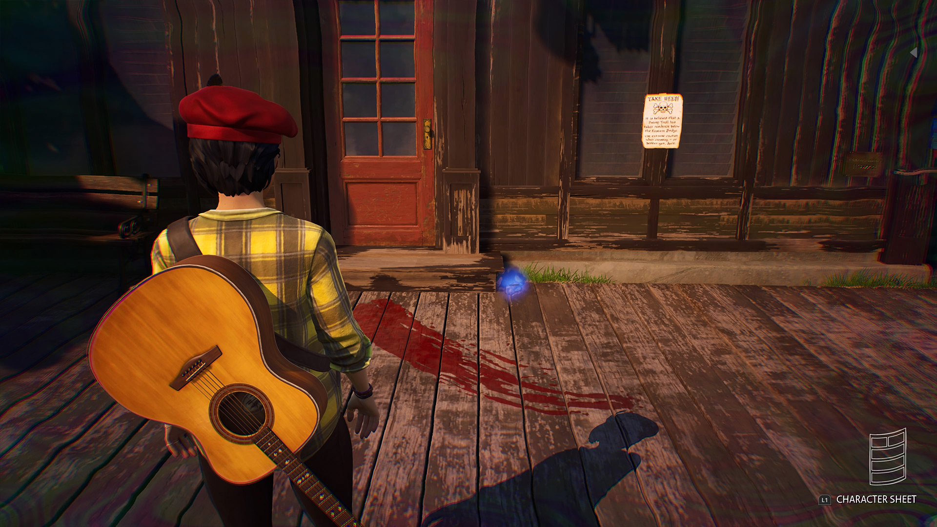 Life is Strange True Colors memory locations: Alex looking at a blood trail coming from a red door.
