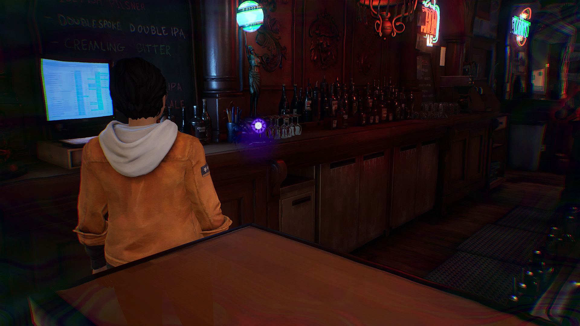 Life is Strange True Colors memory locations: Alex looking at bottles at the back of a bar.