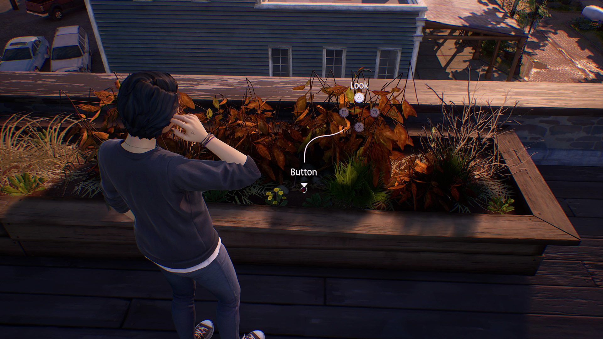 Life is Strange True Colors memory locations: Alex scratching her ear while looking at a flowerbed on a balcony.