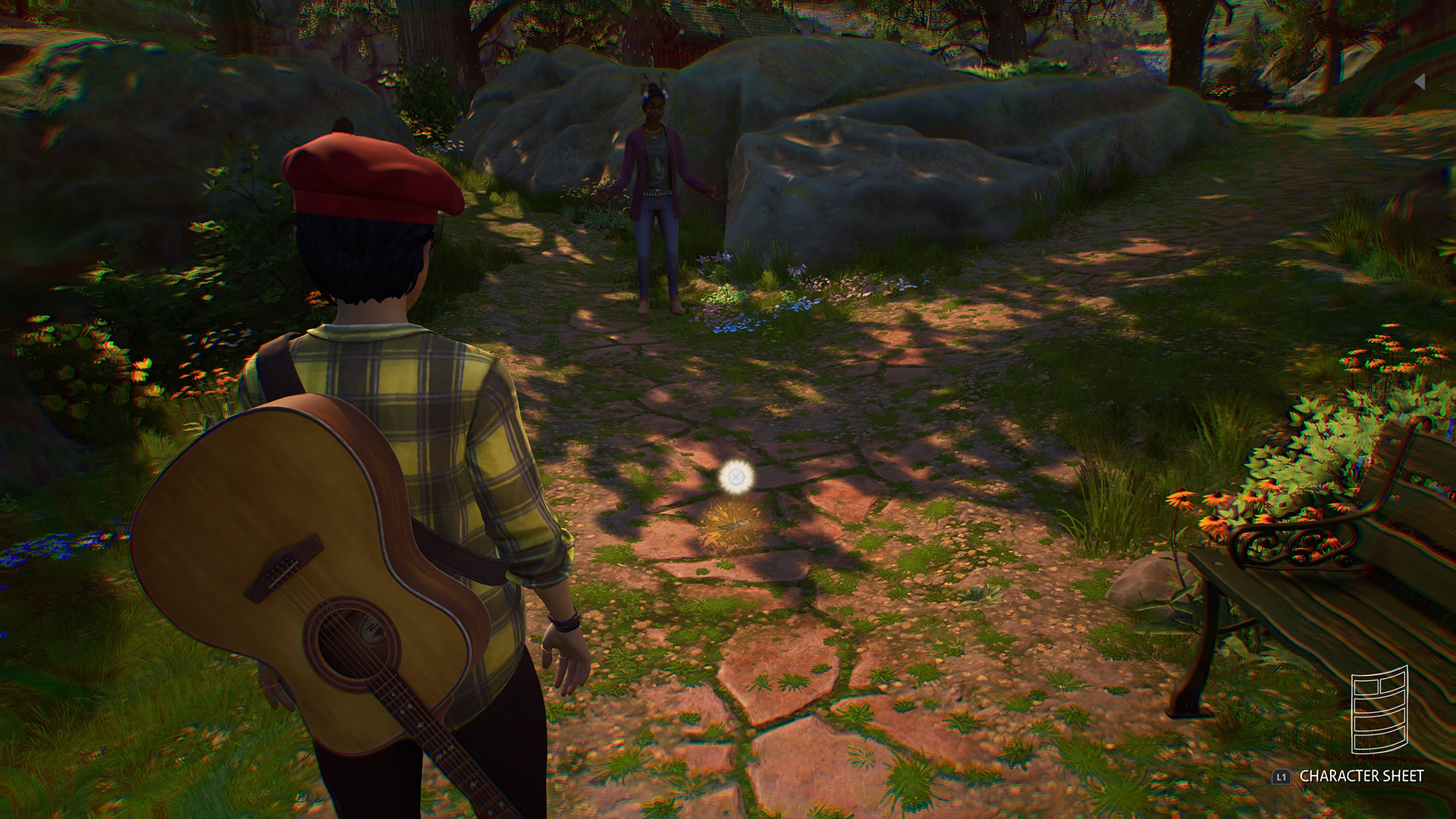 Life is Strange True Colors memory locations: Alex looking at the ground in a sunny park.