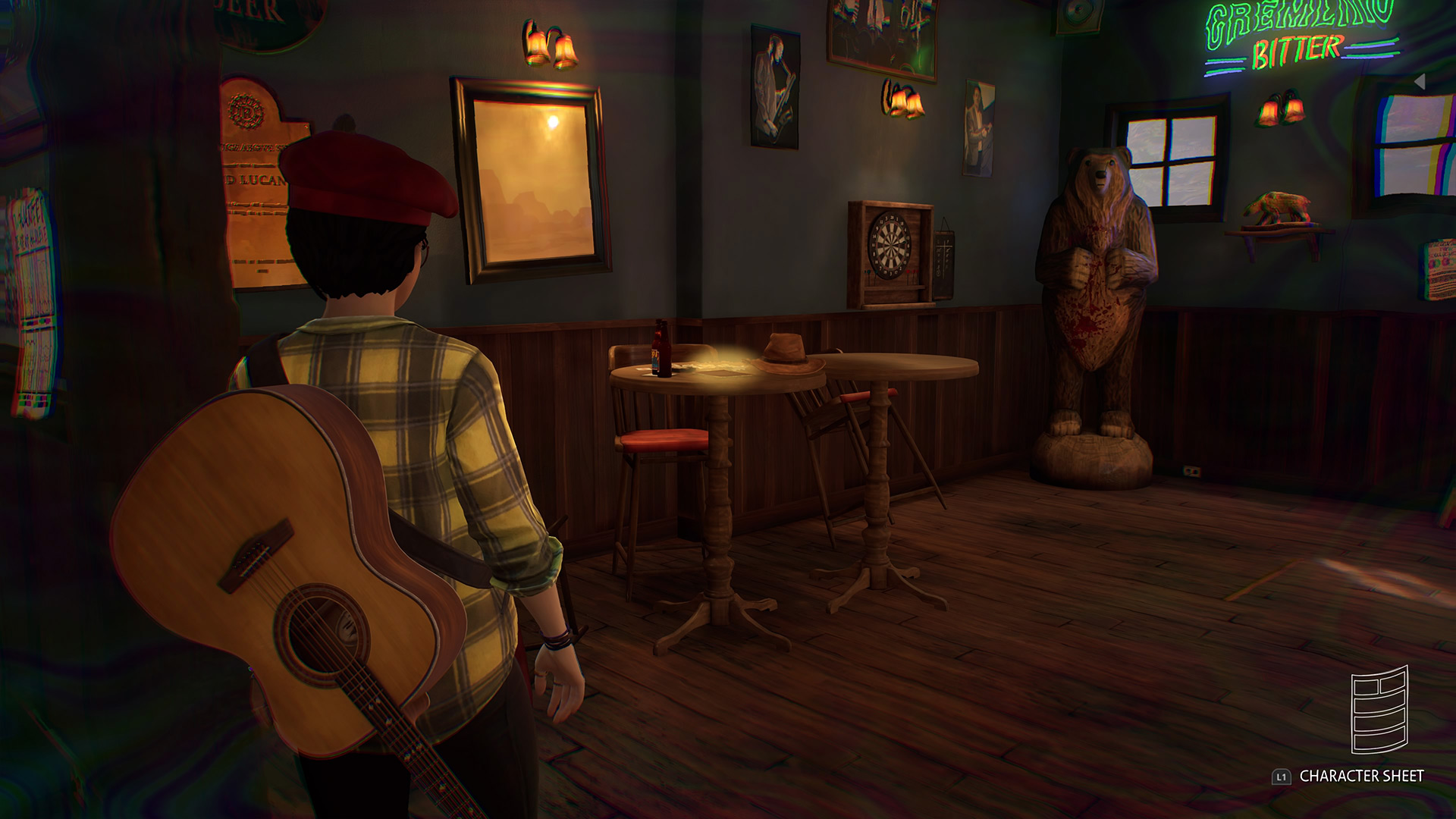 Life is Strange True Colors memory locations: Alex looking at a bar table with a hat and beer bottle on it.