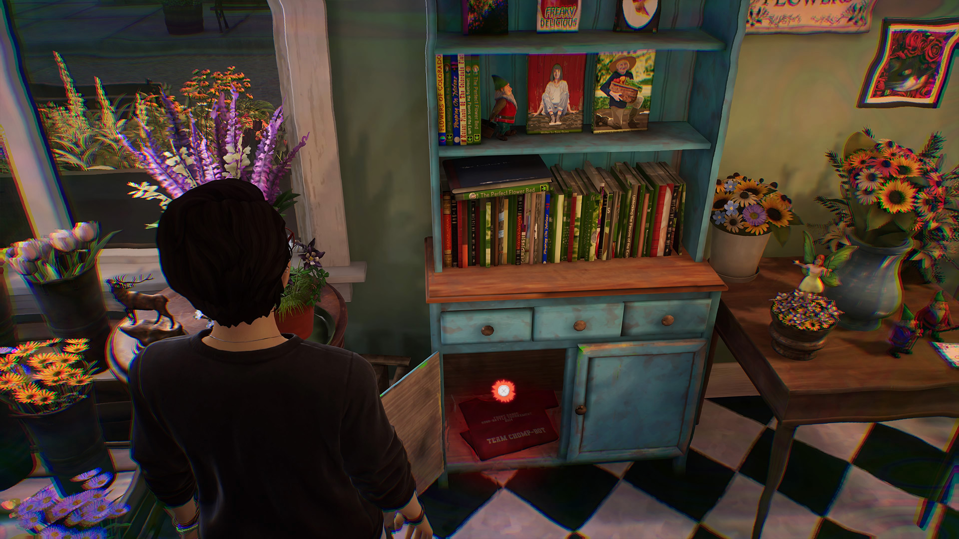 Life is Strange True Colors memory locations: Alex looking at a cabinet in a flower shop.
