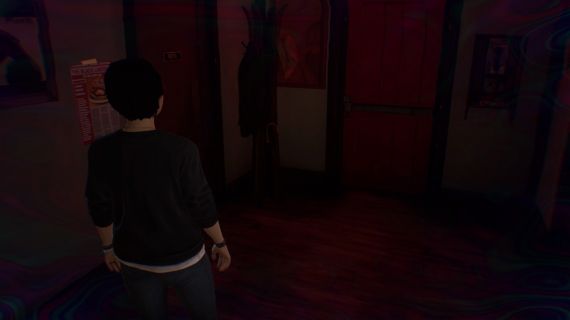 Life is Strange True Colors memory locations: Alex looking at a clothes rack by the front door.