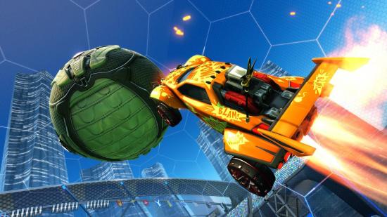 An orange car boosts up into the air to hit the ball in Rocket League