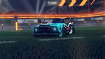 A Rocket League car stationary on the pitch, sporting a light blue esports decal