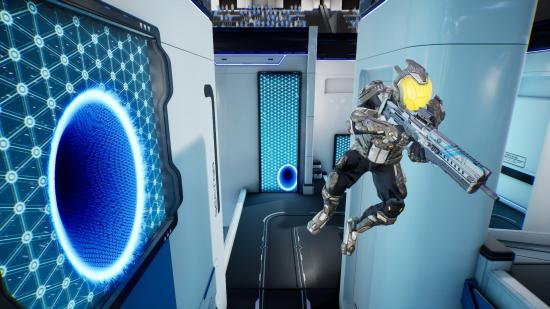 A player can be seen jumping through the air after exiting a portal.