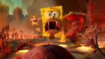Spongebob can be seen as a caveman, running towards the camera with Patrick in the background.