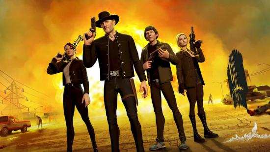 The four main characters in Zombieland stand looking towards the camera in the game's key art.