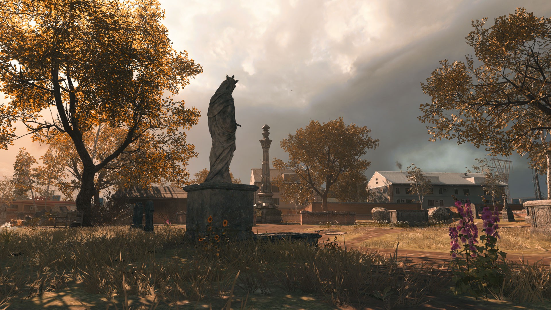 Warzone red door graveyard easter egg: A tombstone featuring the statue of a queen sitting in the VErdnask graveyard in Warzone.