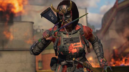 A Warzone operator wearing a horned mask and red and black armour runs with two trident-like melee weapons in her hands