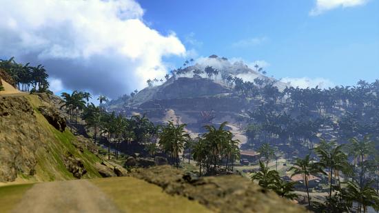 A shot of Warzone's new Pcific map, featuring green hillsides and a towering volcano