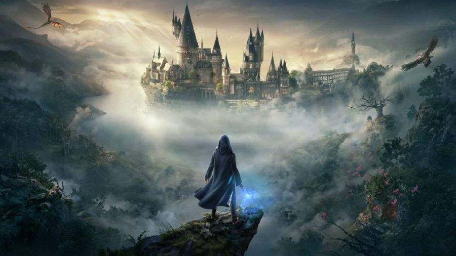 Hogwarts Legacy: A wizard can be seen overlooking Hogwarts from afar with a wand in their hand. Two creatures fly above Hogwarts.