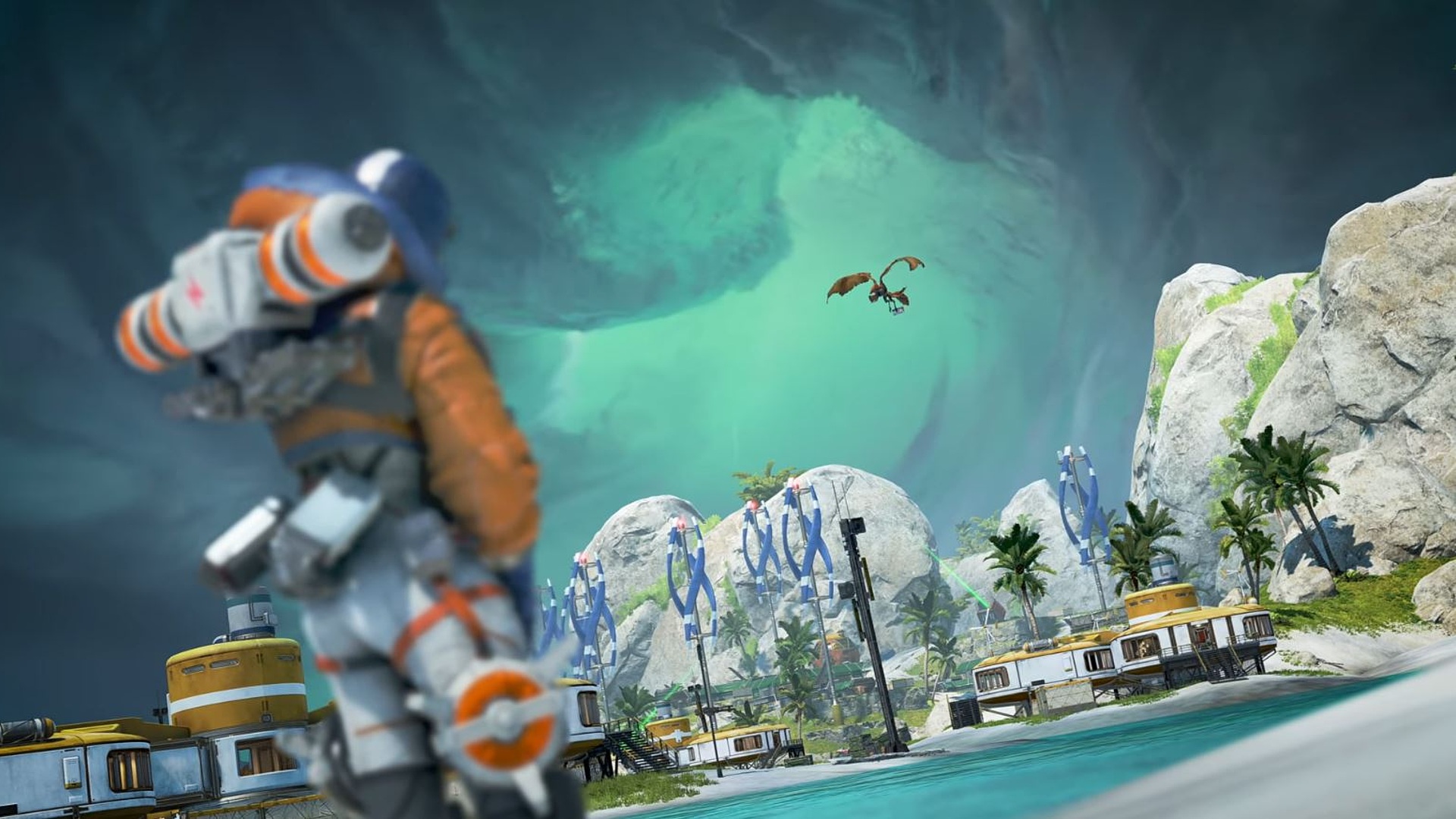 Apex Legends new map: Wattson looks over the new Apex Legends map Storm Point, which features a stormy sky, palm trees, and tall cliff faces.