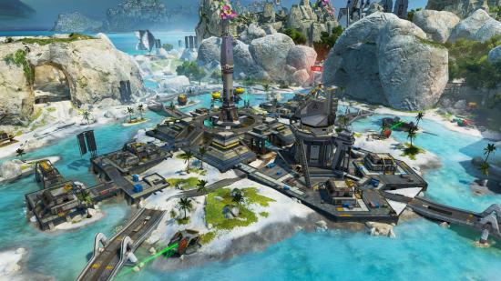 A location in Apex Legends Storm Point map. It is a research base on a small sandy island, with two tall towers in the centre