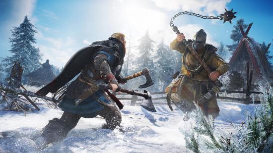 Eivor can be seen fighting an enemy who is swinging a large ball on a chain in a snowy hillside.