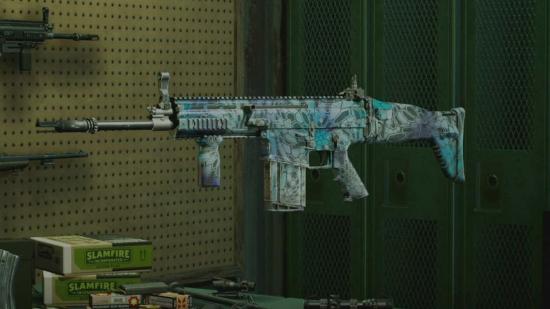 Back 4 Blood how to unlock weapon camos and skins: The Scar weapon can be seen with an ice blue camo.