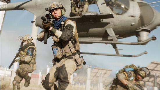 Battlefield 2042 Hazard Zone trailer: a woman hops out of a helicopter ready for battle