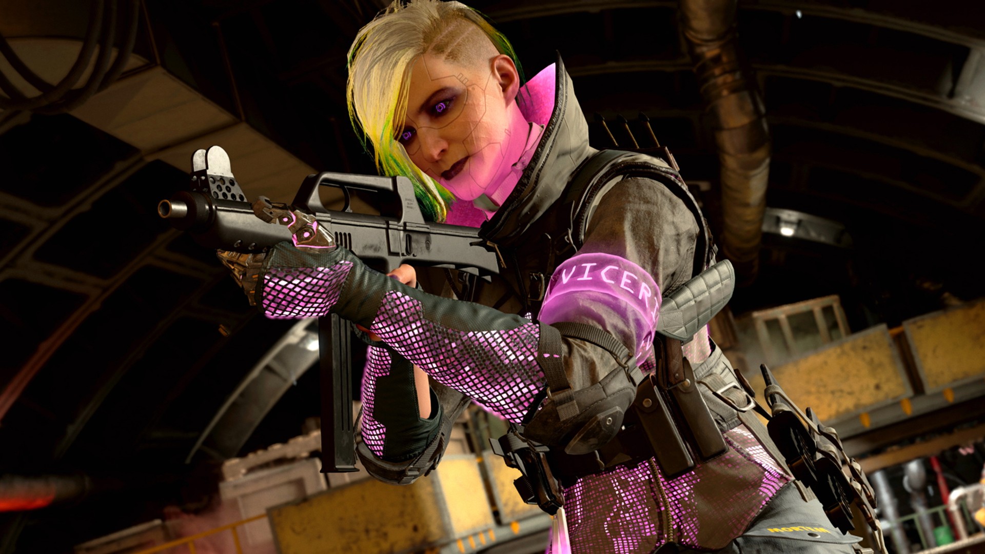 LAPA Warzone loadout: A female operator with short blonde hair aims her LAPA SMG.