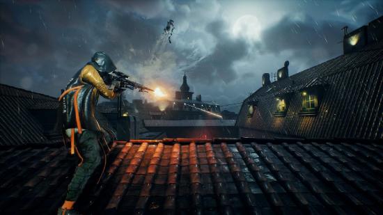 Bloodhunt Xbox: A sniper can be seen shooting at an enemy across the rooftops.