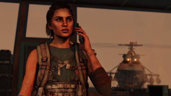 Far Cry 6 Bandidos Operations: Dani can be seen on the phone talking to someone, while a helicopter is flying towards her from behind.