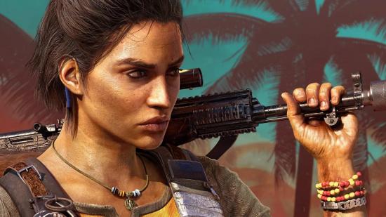 How long is Far Cry 6: Dani Rojas stands holding her gun on her shoulder and looking in the distance.