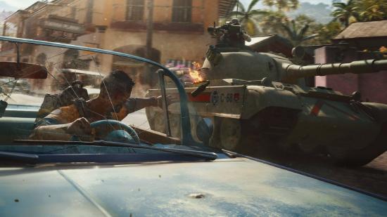 Far Cry 6 Ride Locations: Dani can be seen driving a car whilst avoiding a tank.