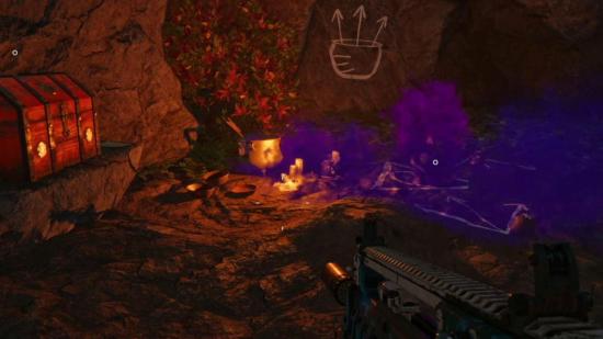 Far Cry 6 Triada Relic Locations: the relic can be seen sitting on the ground with a number of candles around it and a chest on a rock to the left.
