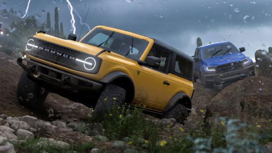 Forza Horizon 5 map: Two jeeps can be seen driving over a rocky hillside.