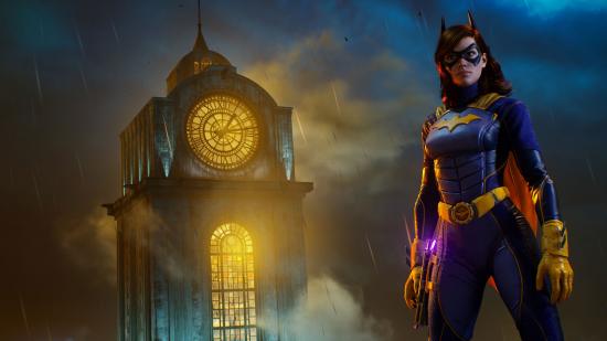 Batgirl can be seen standing in front of a large clocktower in the background.