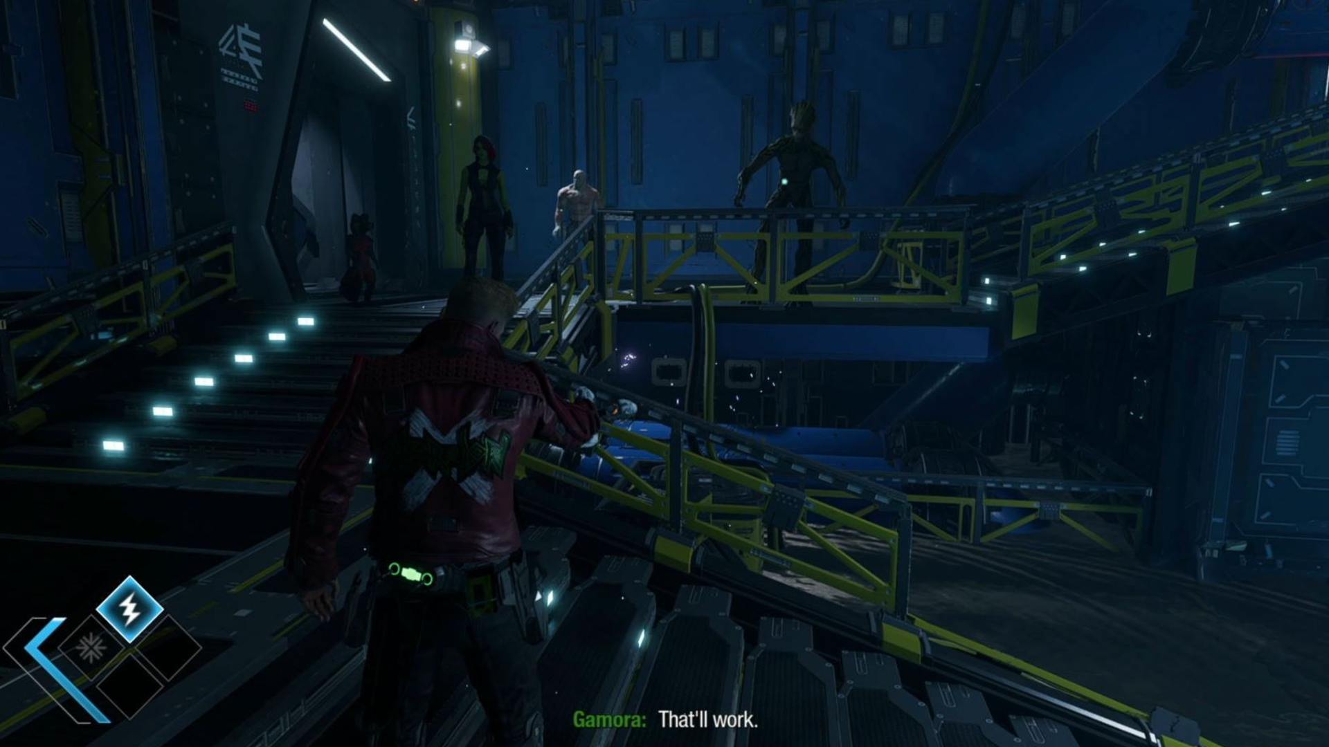Guardians of the Galaxy outfit locations: Star-Lord is looking at the switch to turn off the electricity. 