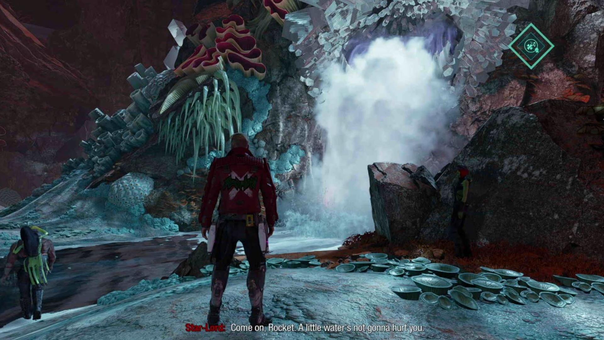 Guardians of the Galaxy outfit locations: Star-Lord is looking at the waterfall with the chest behind it.