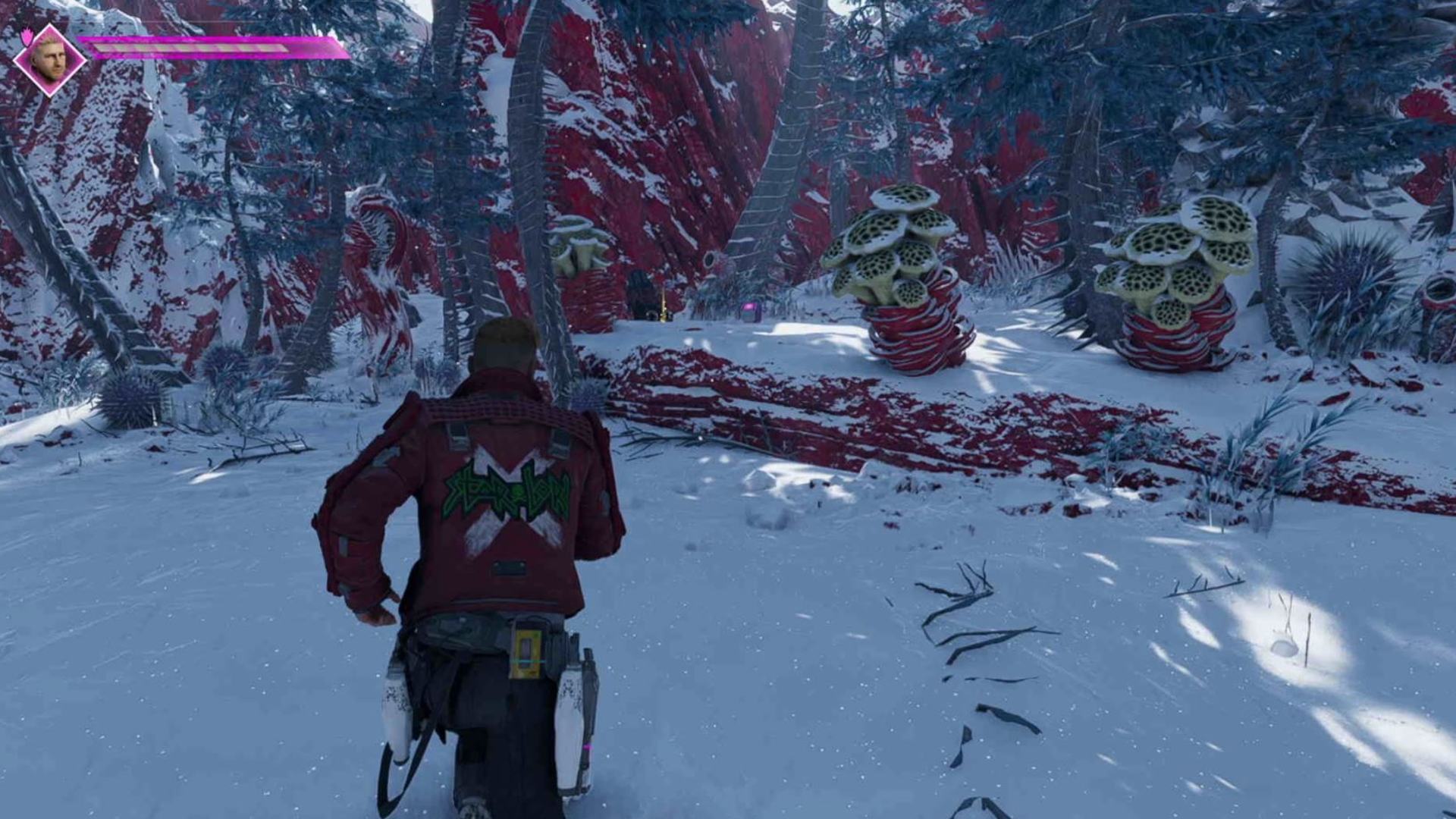 Guardians of the Galaxy outfit locations: Star-Lord is running towards the outfit box surrounded by poison plants.