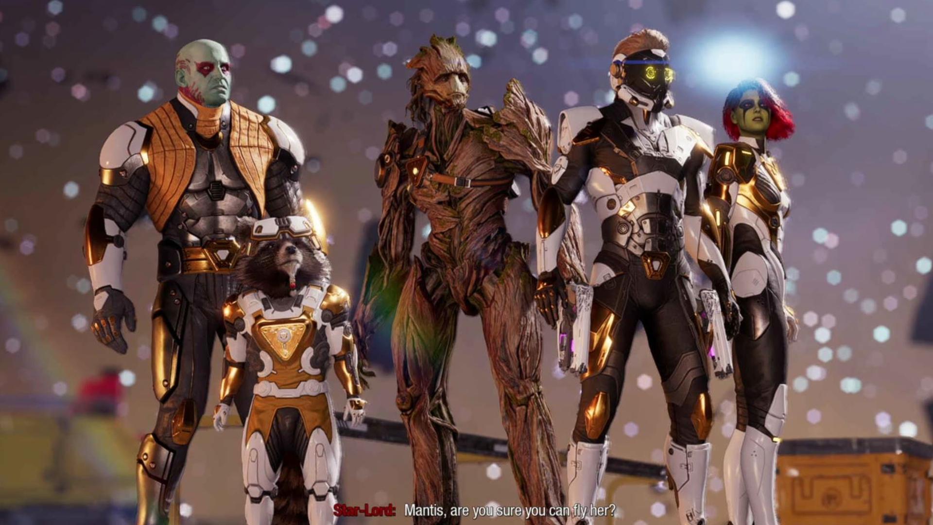 Guardians of the Galaxy outfit locations: All the guardians can be seen standing in their gold outfits.