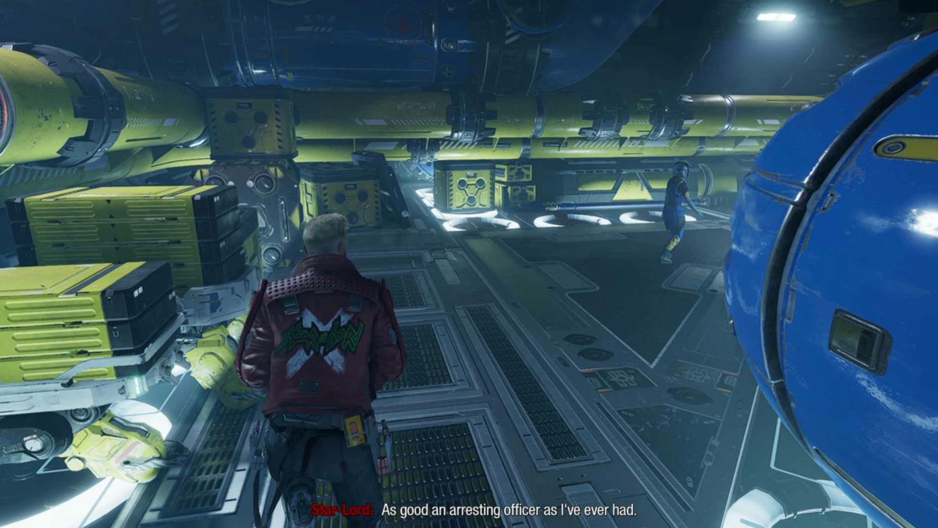 Guardians of the Galaxy outfit locations: Star-Lord is walking in handcuffs to an opening in the pipes.