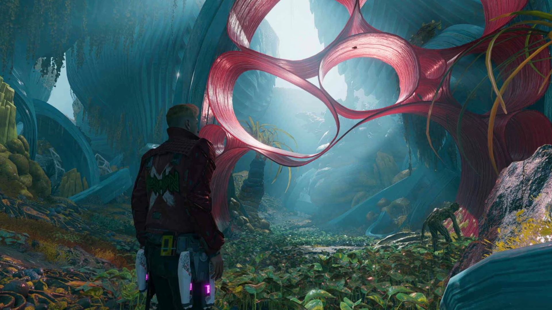 Guardians of the Galaxy outfit locations: Star-Lord can be seen staring at a blue plant with red, circular vegetation growing around it.