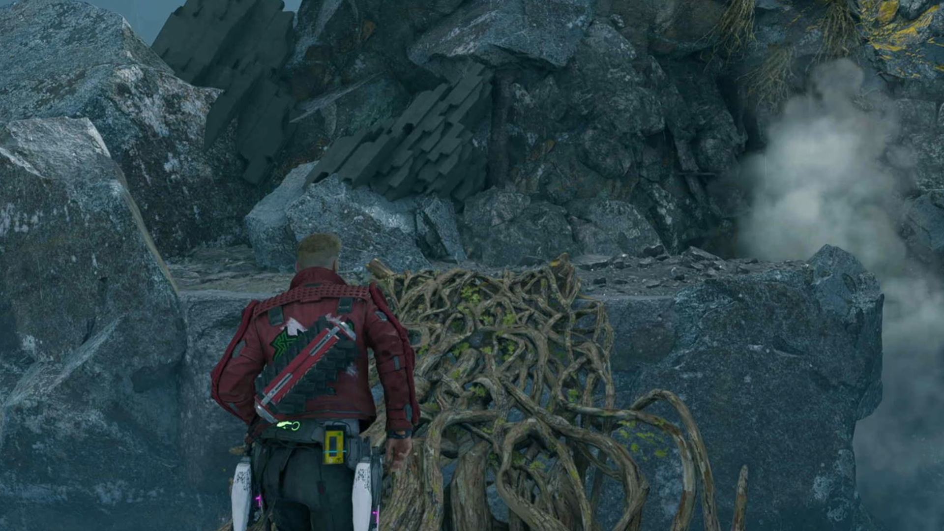 Guardians of the Galaxy outfit locations: Star-Lord is walking across one of Groot's bridges.