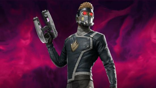 Guardians of the Galaxy Outfits Locations: Star Lord can be seen in his Social-Lord outfit, with a pink cosmic energy behind him.