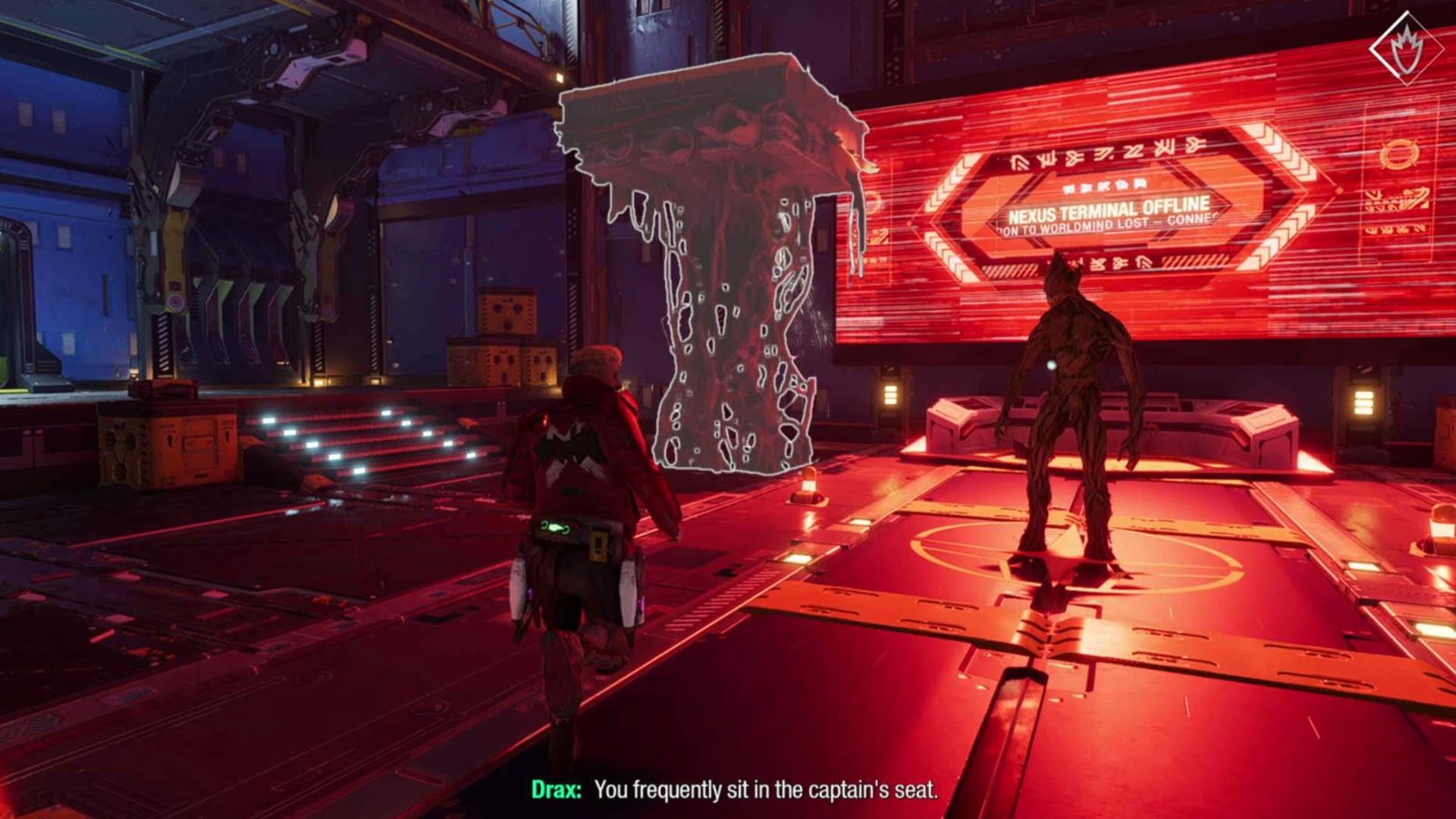 Guardians of the Galaxy outfit locations: Star-Lord is looking at a platform which has been lifted by Groot.