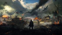 Hell Let Loose PS Plus experiment: A soldier stands on the battlefield as soldiers, tanks, and planes fight around him