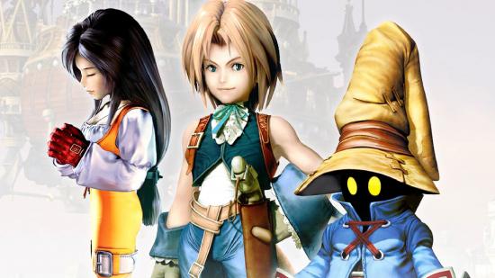 Three characters from Final Fantasy 9 stand in the game's key art.